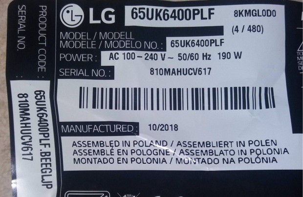 LG 65UK6400PLf LED LCD trtt tv bl tpegysg panel alkatrsznek