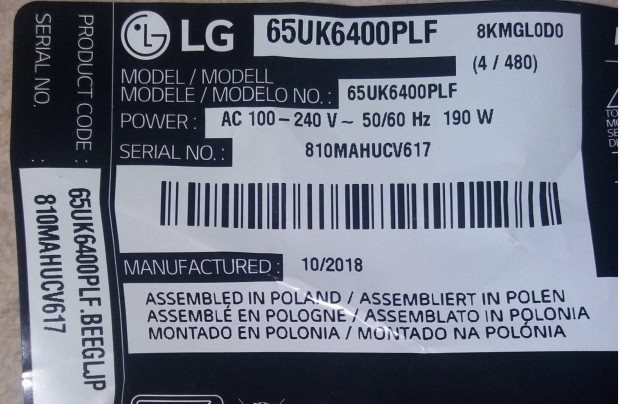 LG 65UK6400PLf LED LCD trtt tv bl tpegysg panel alkatrsznek