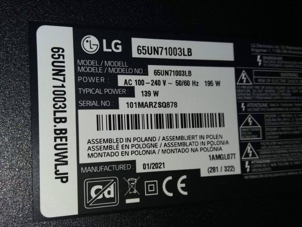 LG 65UN71003LB 4K UHD Smart LED LCD tv hibs trtt alkatrsznek