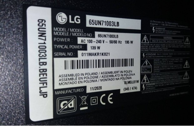 LG 65UN71003LB 4K UHD Smart LED tv hibás törött alkatrésznek LJ20