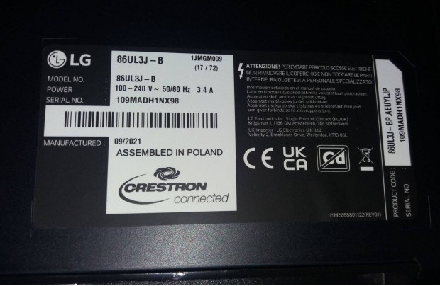 LG 86UL3J-B LED LCD tv display UHD 4K hibs trtt tv alkatrsznek