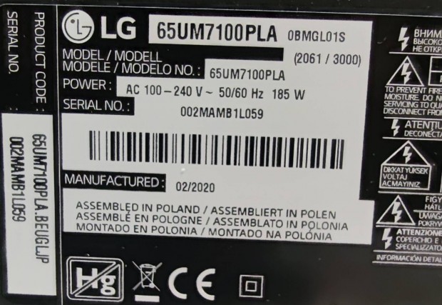 LG tv 65UM7100PLA kijelző sérült dobozában