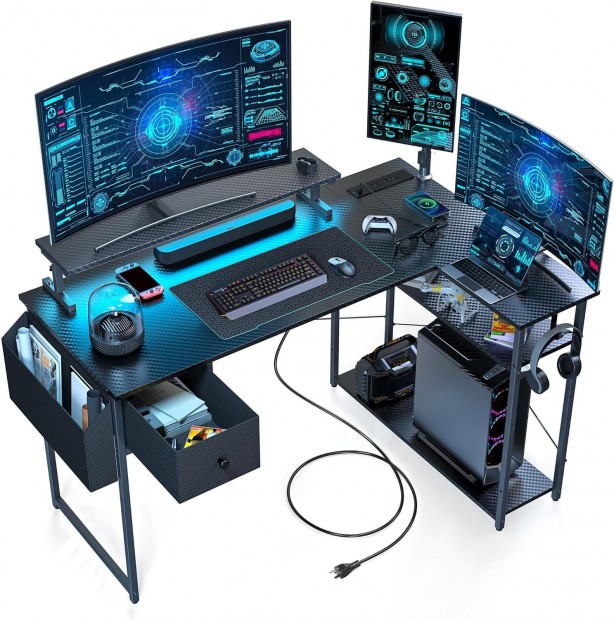 L alakú íróasztal, gamer asztal 120*80*74cm, fekete LED világítás, EU