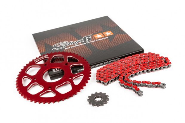 Lánckészlet 13x53 - 420 Stage6 alumínium CNC piros Peugeot / Motorhisp