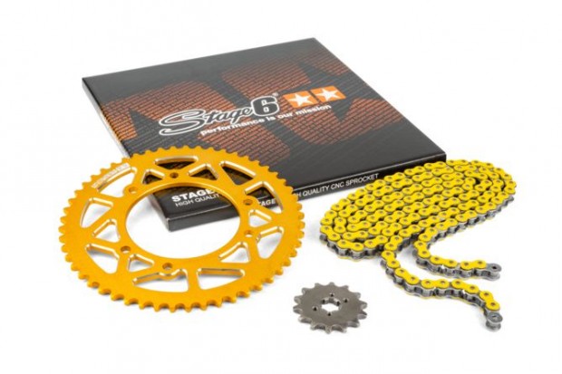 Lánckészlet 13x53 - 420 Stage6 alumínium CNC sárga Derbi DRD Pro
