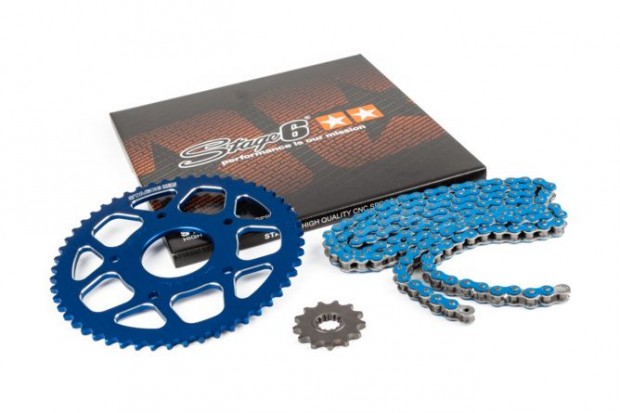 Lánckészlet 14x53 - 420 Stage6 alumínium CNC kék Peugeot / Rieju