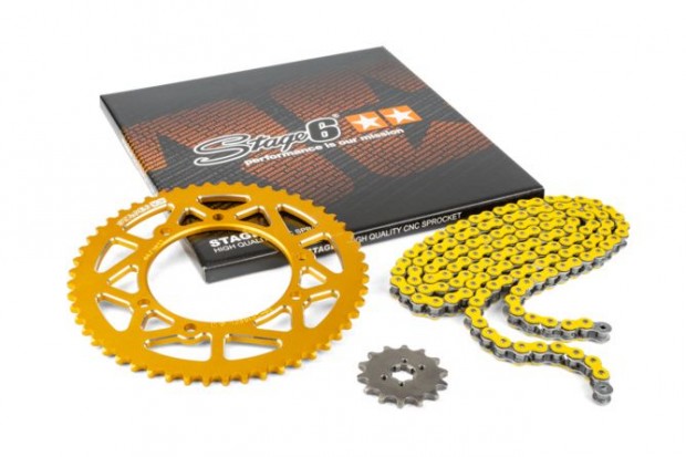 Lánckészlet 14x53 - 420 Stage6 alumínium CNC sárga Derbi Senda X-treme