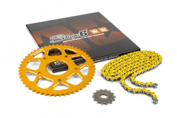 Lánckészlet 14x53 - 420 Stage6 alumínium CNC sárga Peugeot / Rieju
