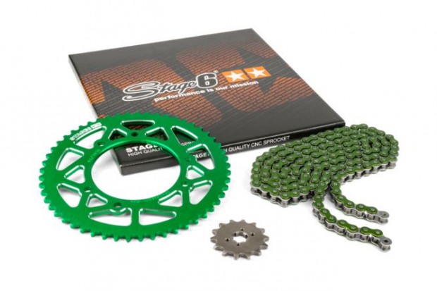 Lánckészlet 14x53 - 420 Stage6 alumínium CNC zöld Derbi Senda X-treme