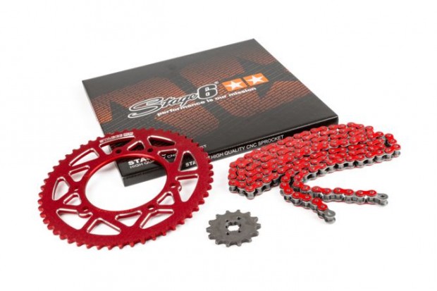 Láncszett 14x53 - 420 Stage6 alumínium CNC Piros Derbi DRD Pro