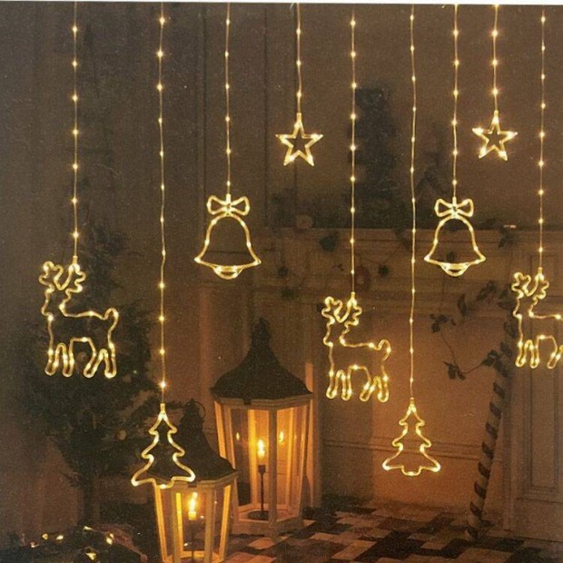 Led fényfüggöny, csillag, szarvas, fenyőfa és harang 175 LED-es 3 méte