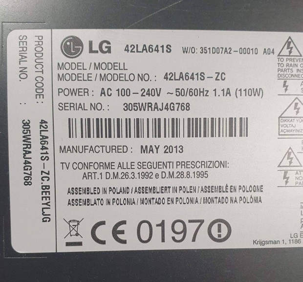 Lg 42LA641S LED LCD tv hibs trtt alkatrsznek elad, main elkelt