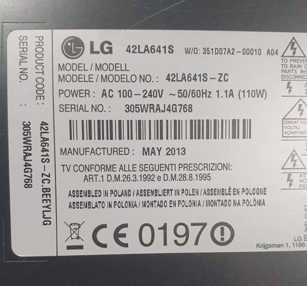 Lg 42LA641S LED LCD tv hibs trtt alkatrsznek main elkelt