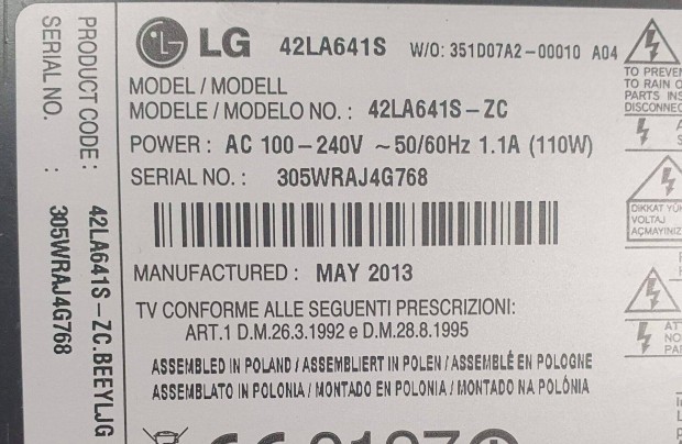 Lg 42LA641S LED LCD tv hibás törött alkatrésznek smart