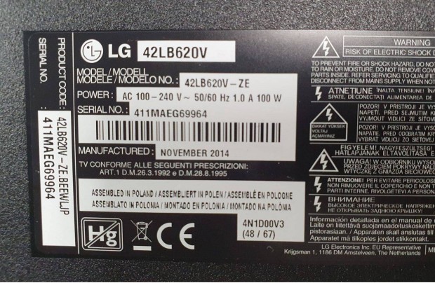 Lg 42LB620V LED LCD tv hibs trtt alkatrsznek httr hibs