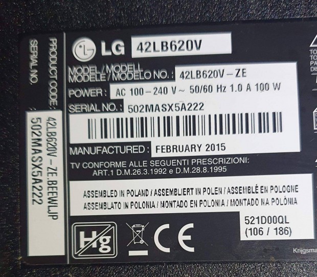 Lg 42LB620V LED tv panelek alkatrsznek, mainboard elkelt! 6870C-0480A