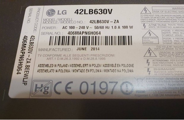 Lg 42LB630V Smart LED LCD tv trtt alkatrsznek mainboard elkelt