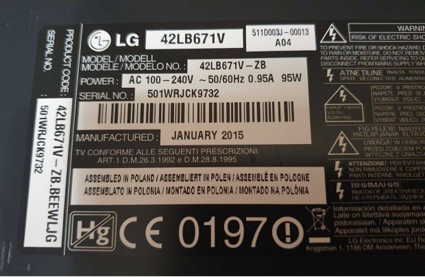 Lg 42LB671V Smart LED LCD tv törött alkatrésznek 55LB760V