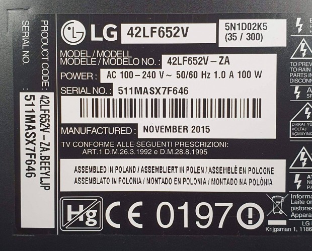 Lg 42LF652V LED LCD tv hibás törött alkatrésznek