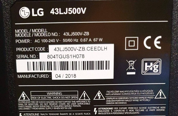 Lg 43LJ500V LED tv hibs trtt main,hangszr elkelt