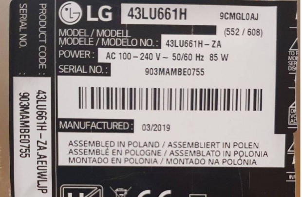 Lg 43LU661H LED LCD tv panelek 6870C-0532A LJ8 6870C-0532A