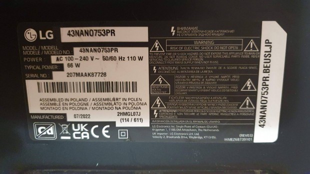 Lg 43Nano753PR LED LCD tv hibás törött alkatrésznek 43Nano753