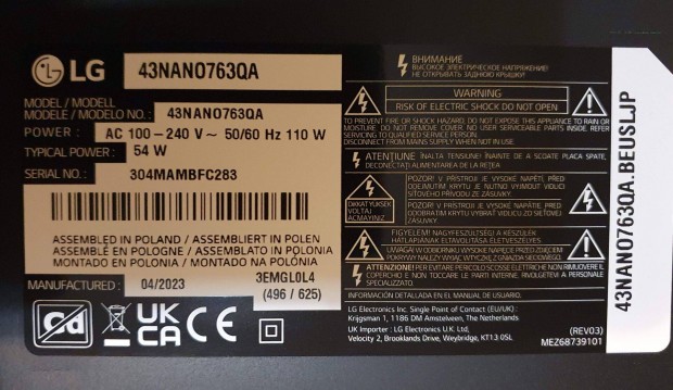 Lg 43Nano763QA LED LCD tv hibs trtt alkatrsznek LJ22