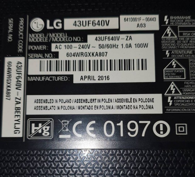Lg 43UF640V LED LCD tv hibs trtt, mainboard elkelt