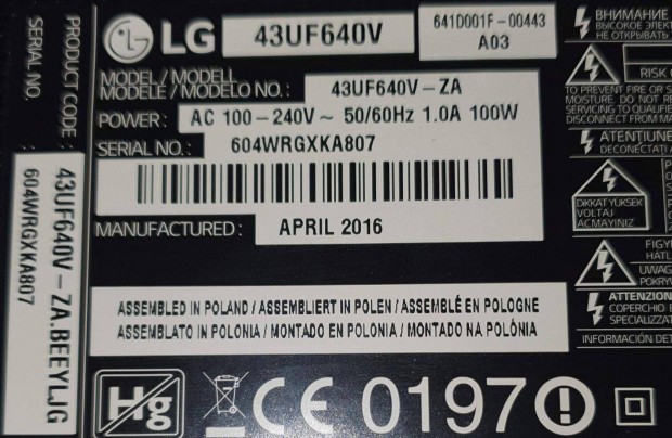 Lg 43UF640V LED LCD tv hibás törött, mainboard elkelt 6870C-0552B