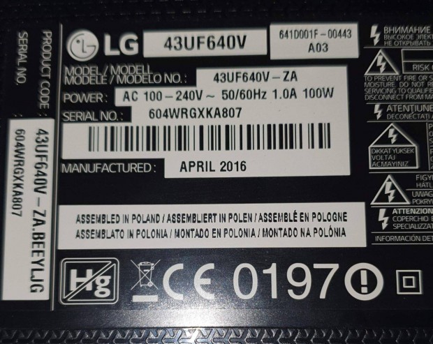 Lg 43UF640V LED LCD tv hibás törött, mainboard elkelt 6870C-0552B