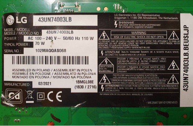 Lg 43UN74003LB LED tv panelek alkatrésznek LJ20