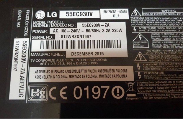 Lg 55EC930V OLED Tv hibás,nem kapcsol be sérülés nem látszik