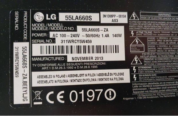 Lg 55LA660S LED LCD tv hibs trtt alkatrsznek mainboard elkelt!