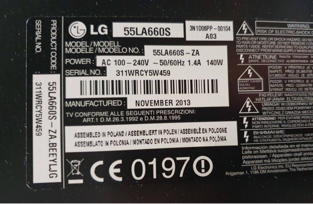 Lg 55LA660S LED LCD tv hibs trtt alkatrsznek mainboard elkelt!