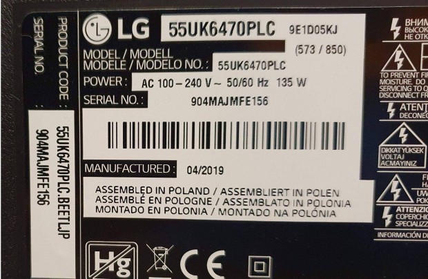 Lg 55UK6470PLC 4K UHD LED tv hibs trtt alkatrsznek LJ8