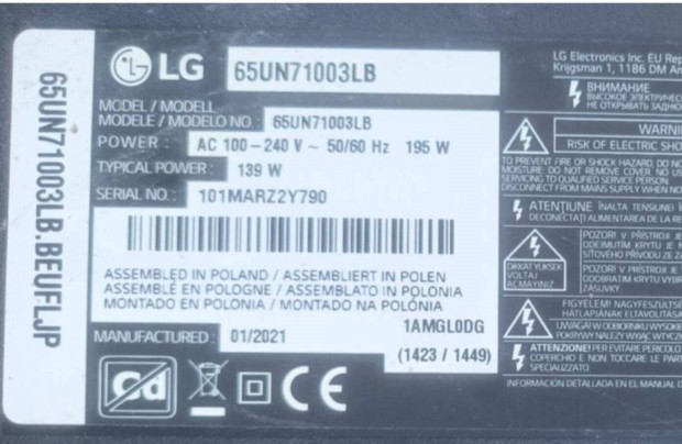 Lg 65UN71003LB LED lcd tv UHD panelek LJ20 alkatrésznek 4K 65UN71003