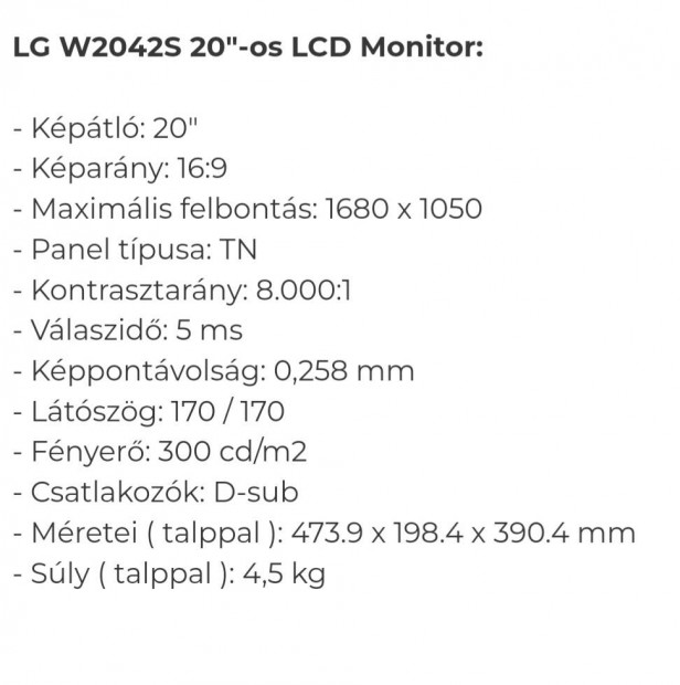 Lg W2042S 20"-os LCD monitor