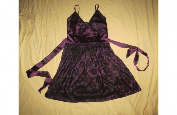 Lila selyem fekete csipks gumrozott ht ruha 10 v 140 cm Mela Love