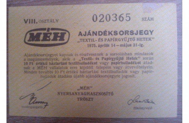 MH ajndk sorsjegy Textil- s Paprgyjt hetek srga sznben 1975