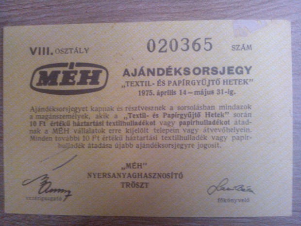 MH ajndk sorsjegy Textil- s Paprgyjt hetek srga sznben 1975!