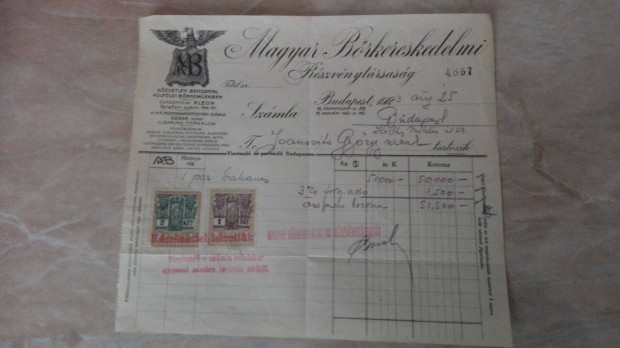 Magyar Brkereskedelmi Rszvnytrsasg 1923-as szmlja
