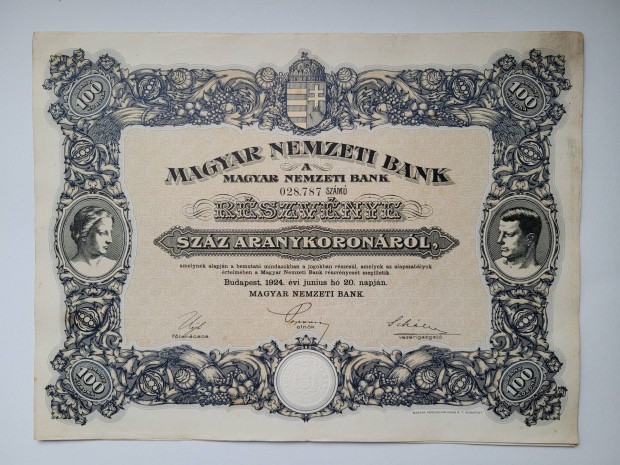 Magyar Nemzeti Bank eredeti 1924 rszvnye 100 aranykoronrl 