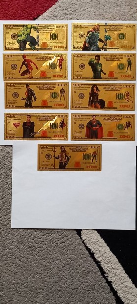 Marvel, DC hsk sznes, aranyozott, plasztik 100 dollrosokon