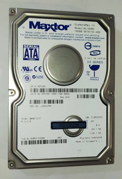 Maxtor 160GB HDD merevlemez SATA 3.5" 100/100 #G7RH