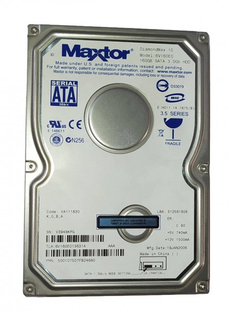 Maxtor 160GB HDD merevlemez SATA 3.5" 98/100 #8Kpg