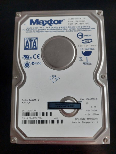 Maxtor 80GB 7200RPM 8MB Buffer Serial ATA/150, 3.5, HDD