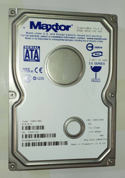 Maxtor 80GB HDD merevlemez SATA 3.5" 100/100 #Y72E