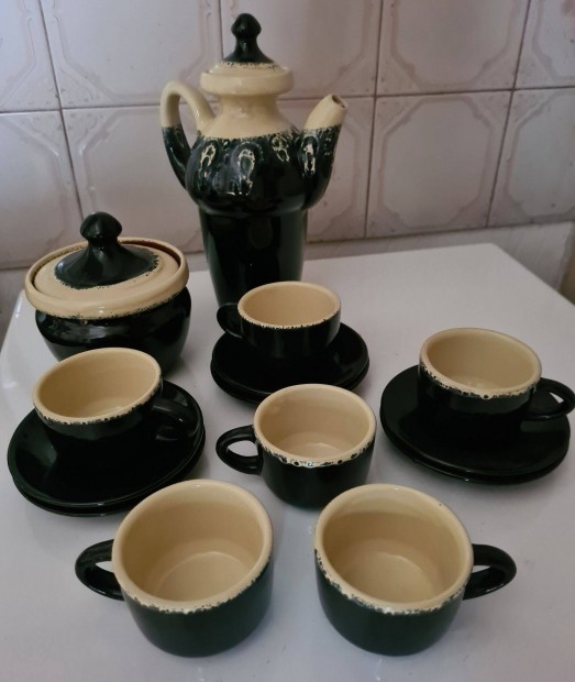 Mázas kerámia kávés készet - Kiöntő, cukor tartó, 6 csésze + alj - új