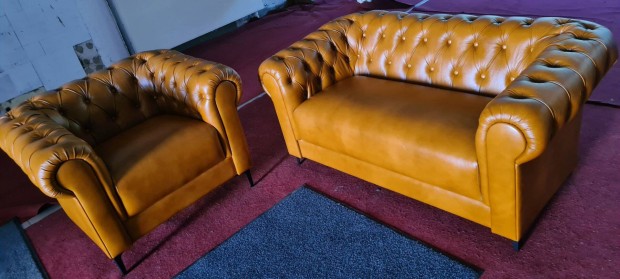Mestermunka:)Új chesterfield csaubarna valódi bőr kanapé +fotel 599eft