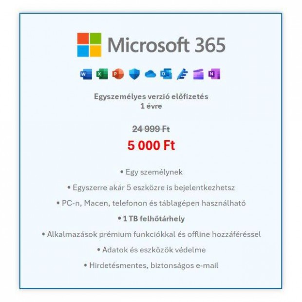 Microsoft 365 (Office) 1 ves elfizets + 1 TB Onedrive felhtrhely